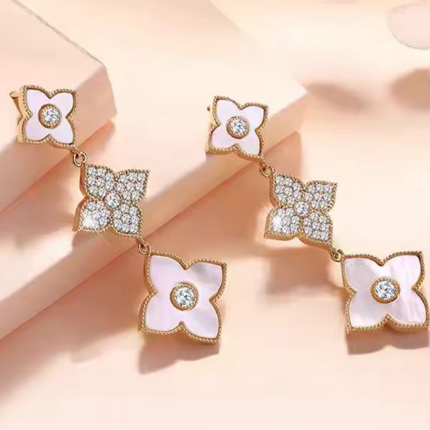 Floral Mother Of Pearl Earrings  Yellow Gold Plated New